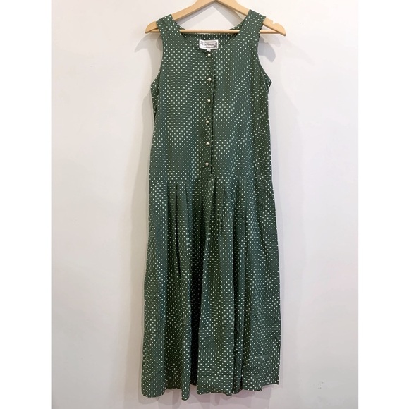 Vintage 90s San Francisco Polka Dot Button Front Drop Waist Midi Dress - Picture 2 of 8